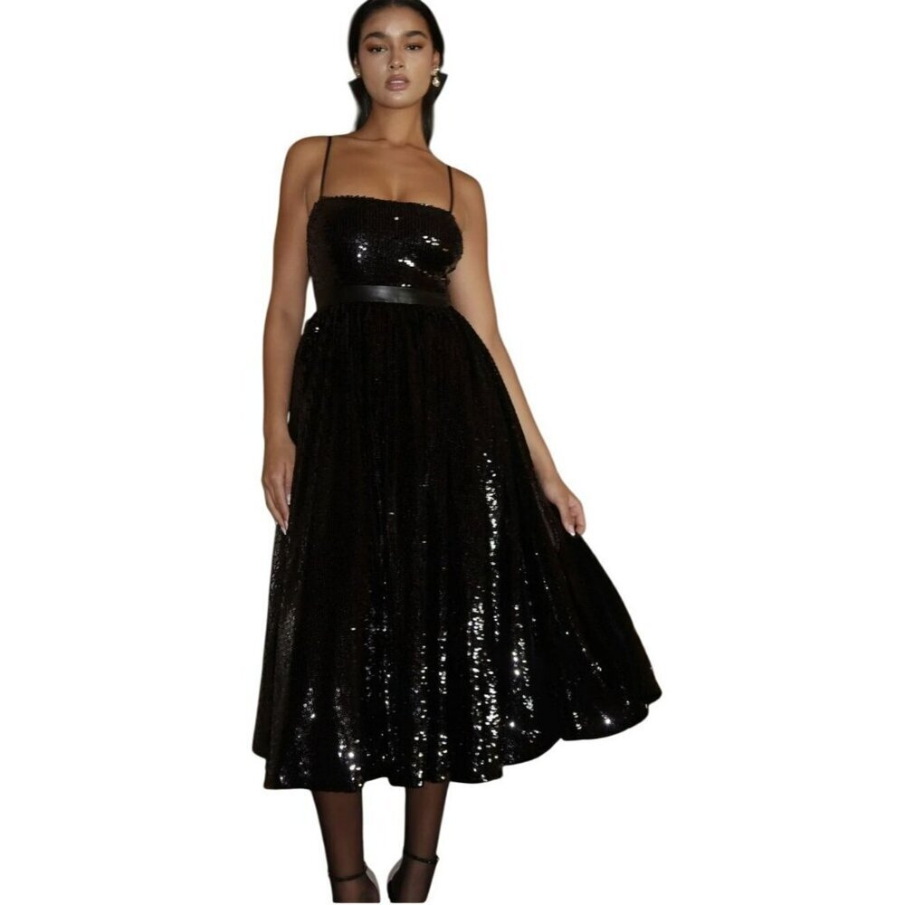 WeWoreWhat $198 Black Sequin Midi Fit Flare Dress Sz 4 NWT